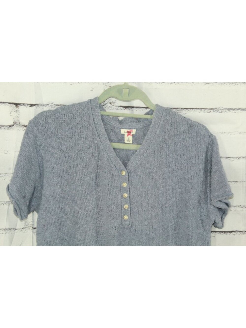 LL Bean Midweight Cotton Slub Sweater Henley Short Sleeve Soft Indigo Medium - Picture 3 of 11